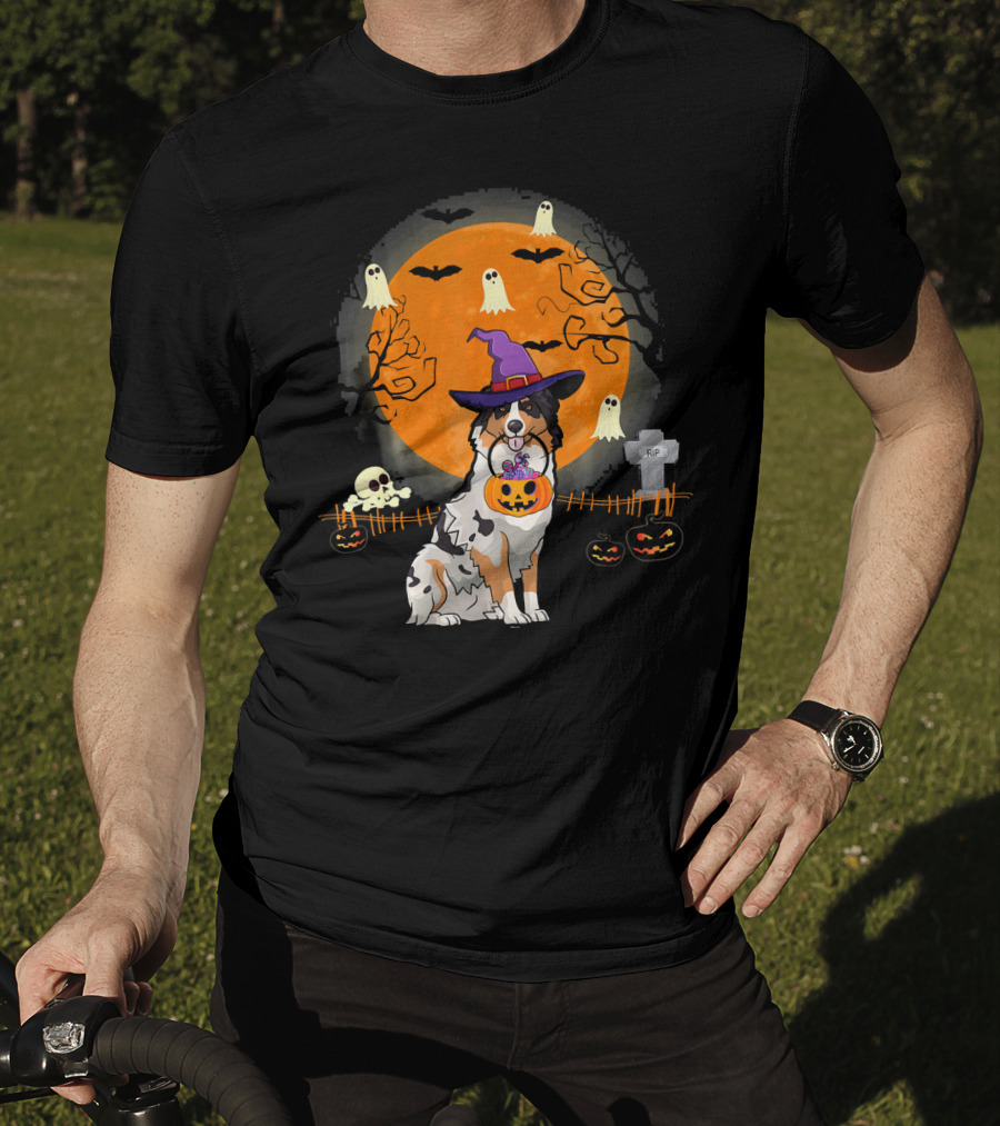 Australian Shepherd Dog Halloween Witch Pumpkin And Ghosts T-Shirt