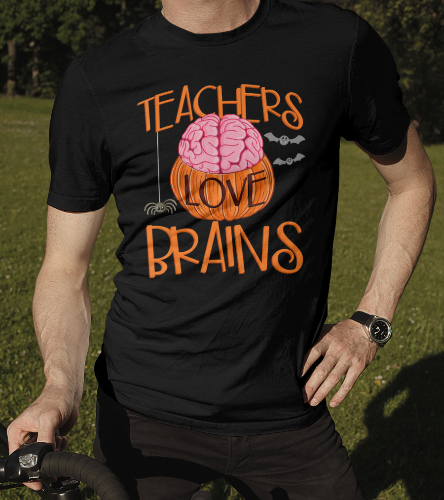 Teachers Love Brains Halloween Pumpkin Bat Spider T-Shirt