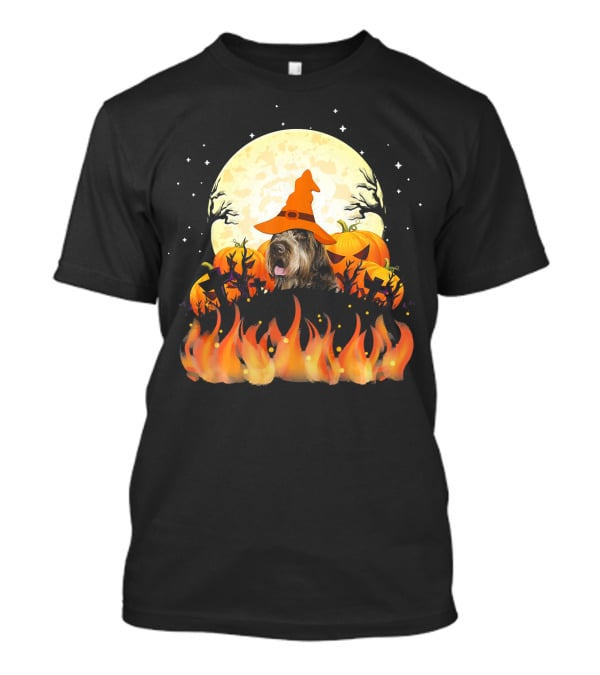 Wirehaired Pointing Griffon Dog Lovers Halloween Witch Hat Pumpkin Fire Moon T-Shirt