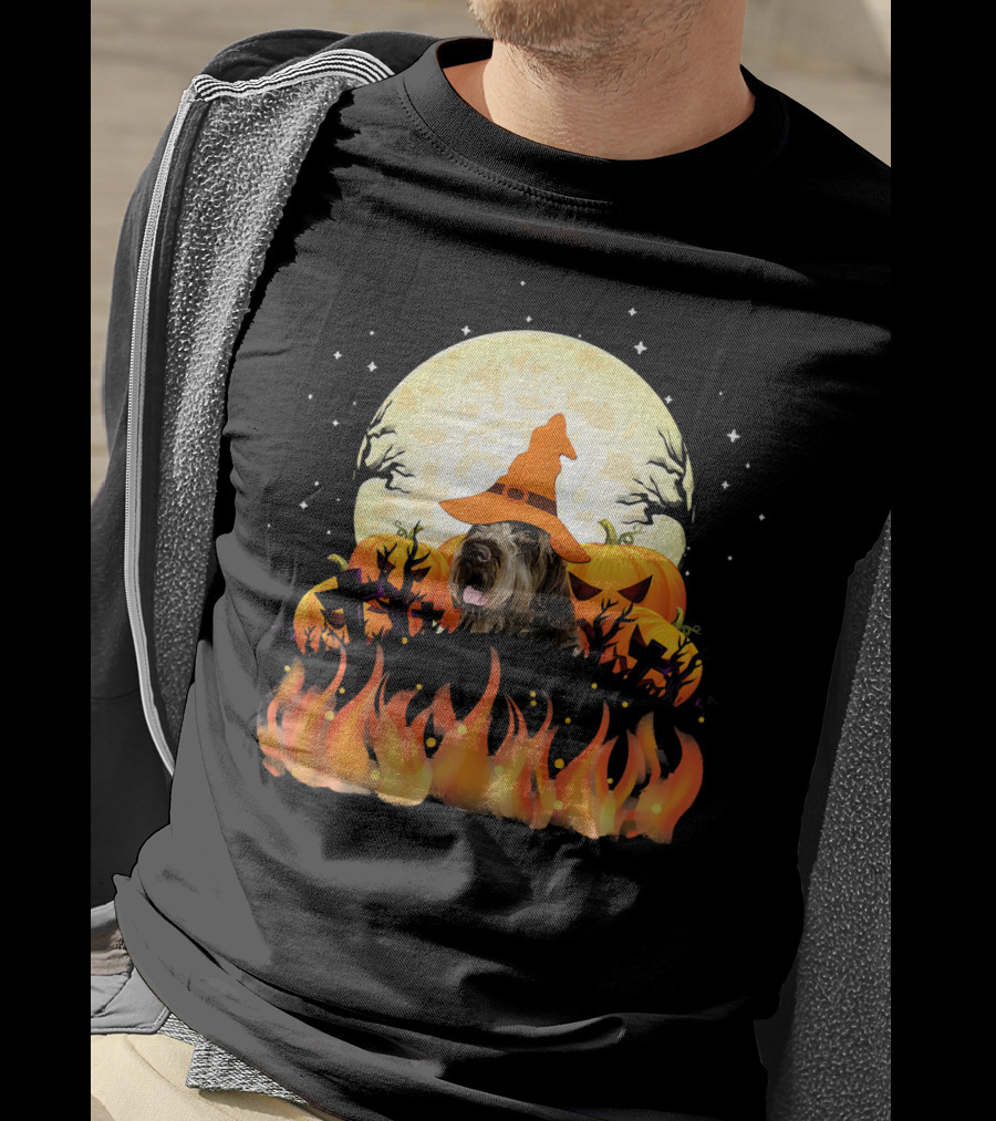 Wirehaired Pointing Griffon Dog Lovers Halloween Witch Hat Pumpkin Fire Moon T-Shirt