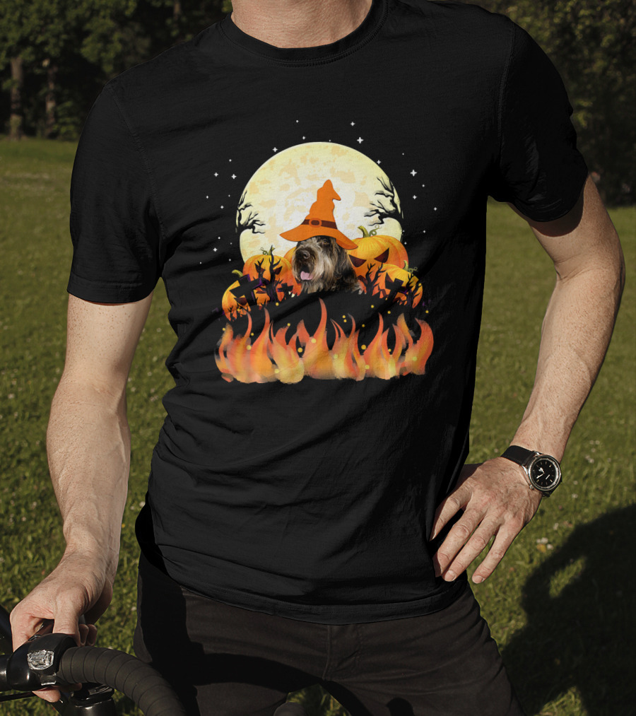 Wirehaired Pointing Griffon Dog Lovers Halloween Witch Hat Pumpkin Fire Moon T-Shirt