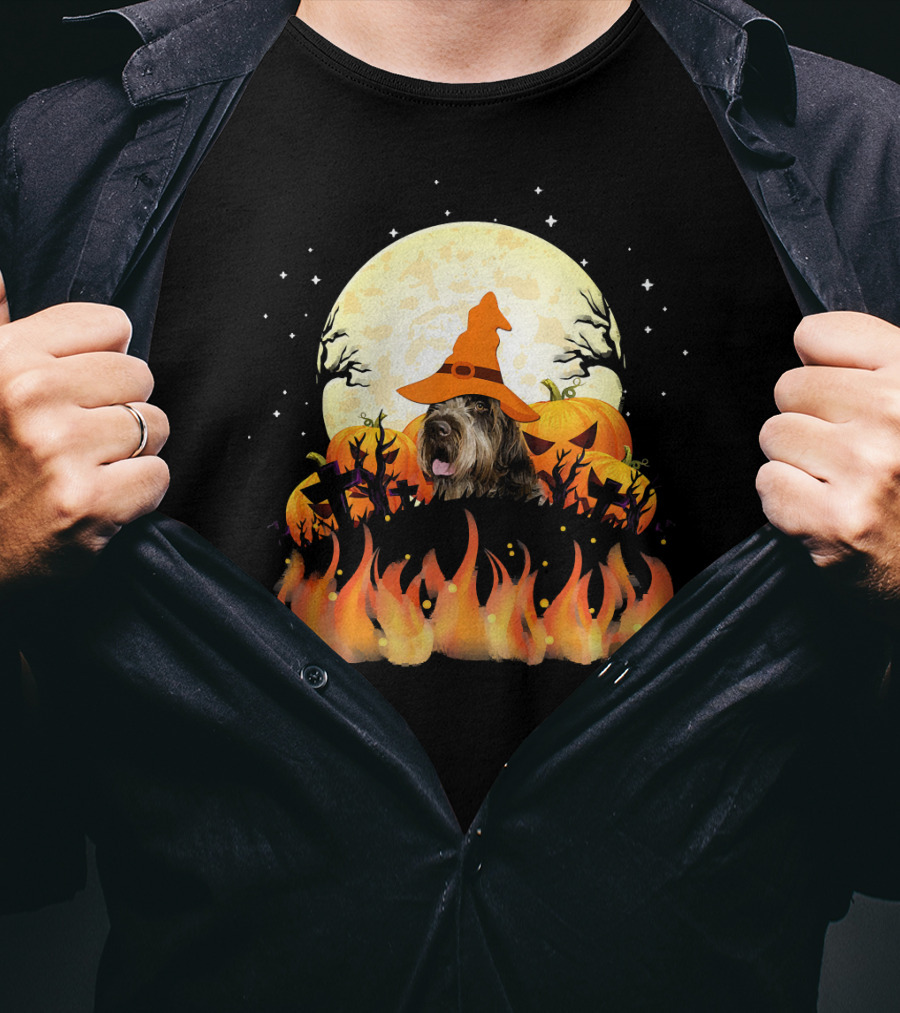 Wirehaired Pointing Griffon Dog Lovers Halloween Witch Hat Pumpkin Fire Moon T-Shirt