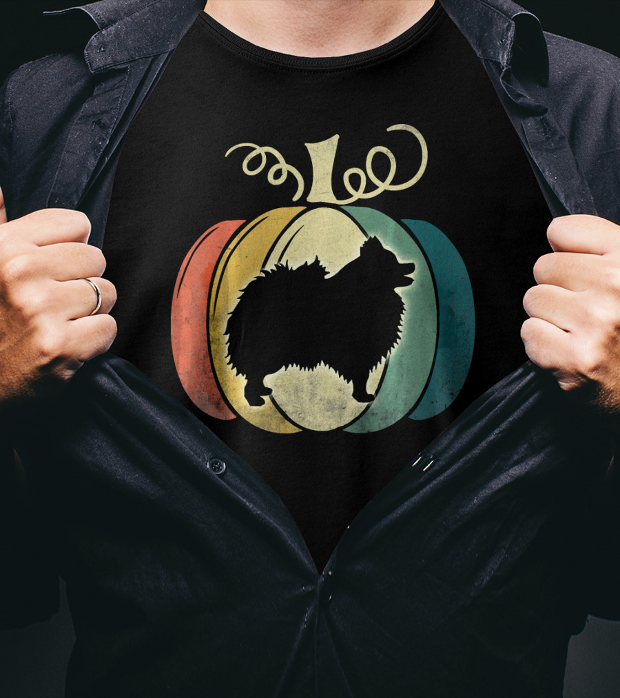 Pomeranian Dog Silhouette Vintage Pumpkin Halloween T-Shirt