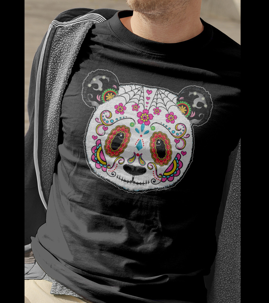 Sugar Skull Panda Day Of The Dead Colorful Floral Skulls T-Shirt