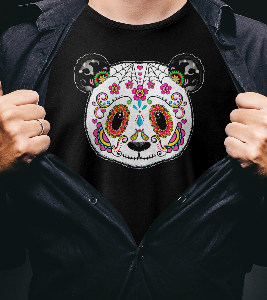 Sugar Skull Panda Day Of The Dead Colorful Floral Skulls T-Shirt