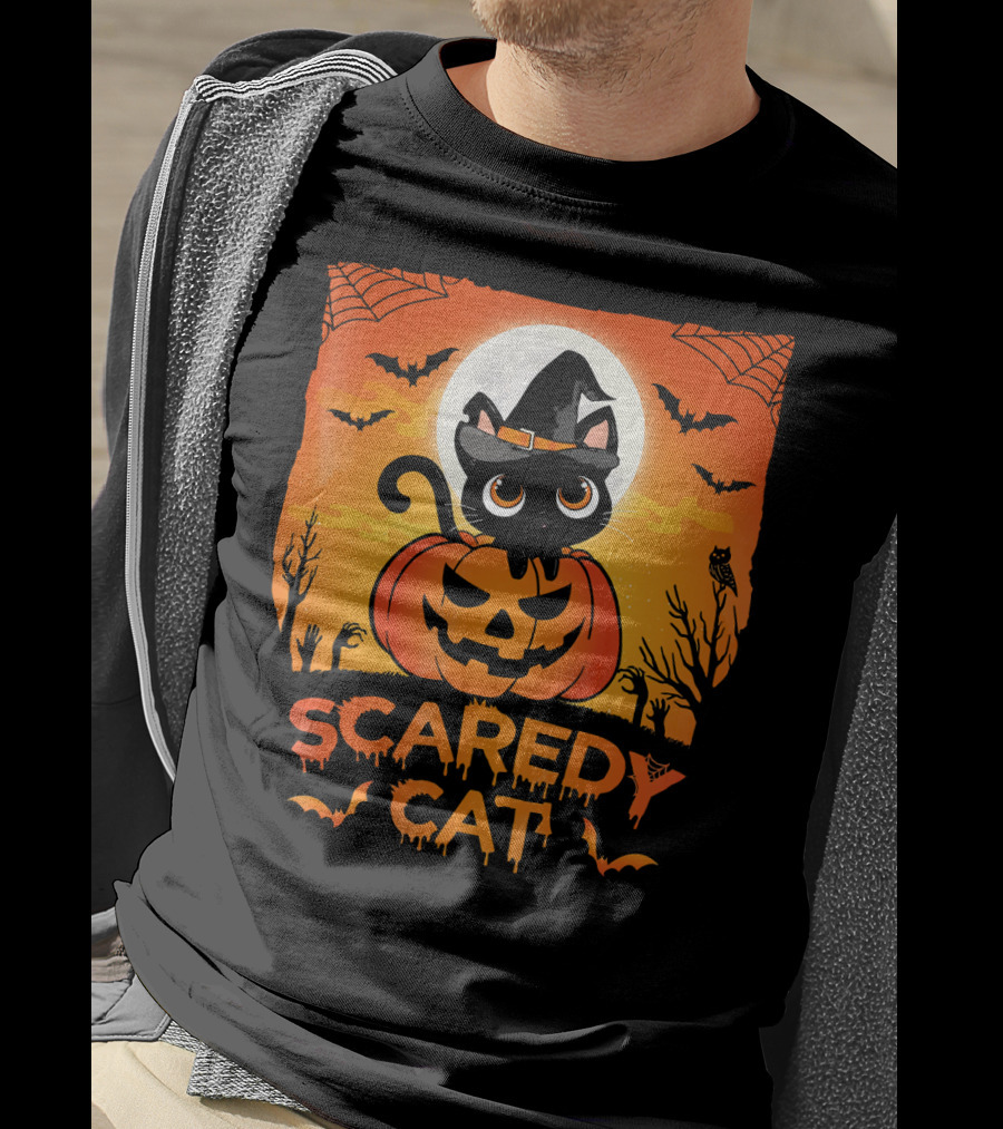 Scaredy Cat Halloween Kitten On Pumpkin With Witch Hat And Bats T-Shirt