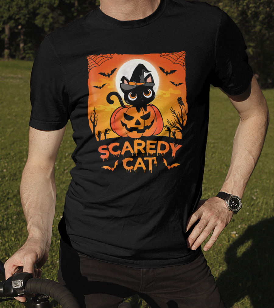 Scaredy Cat Halloween Kitten On Pumpkin With Witch Hat And Bats T-Shirt