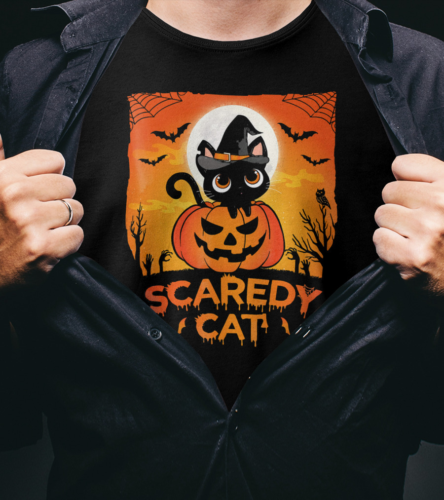 Scaredy Cat Halloween Kitten On Pumpkin With Witch Hat And Bats T-Shirt