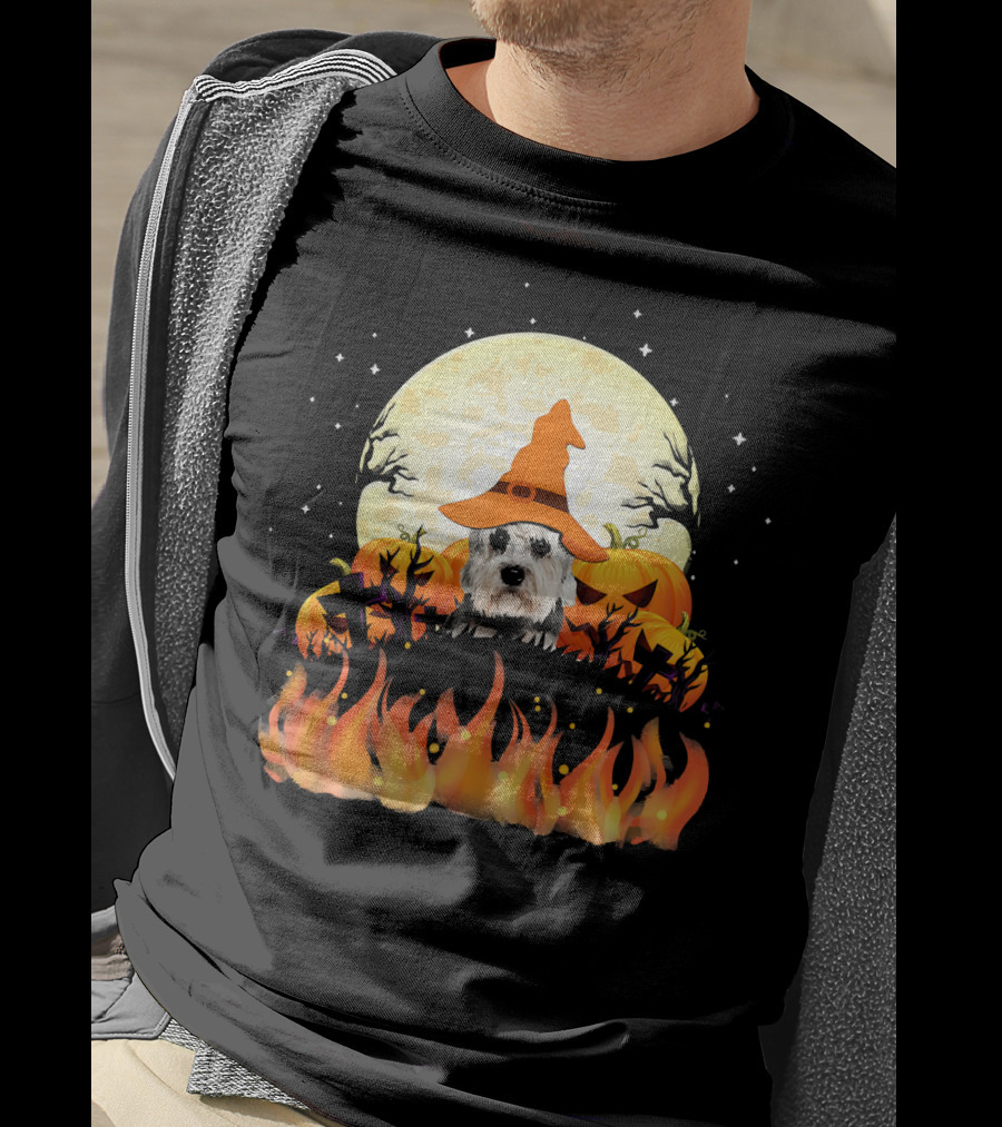 Halloween Dandie Dinmont Terrier Witch Dog Lovers Moon And Pumpkin Scene T-Shirt