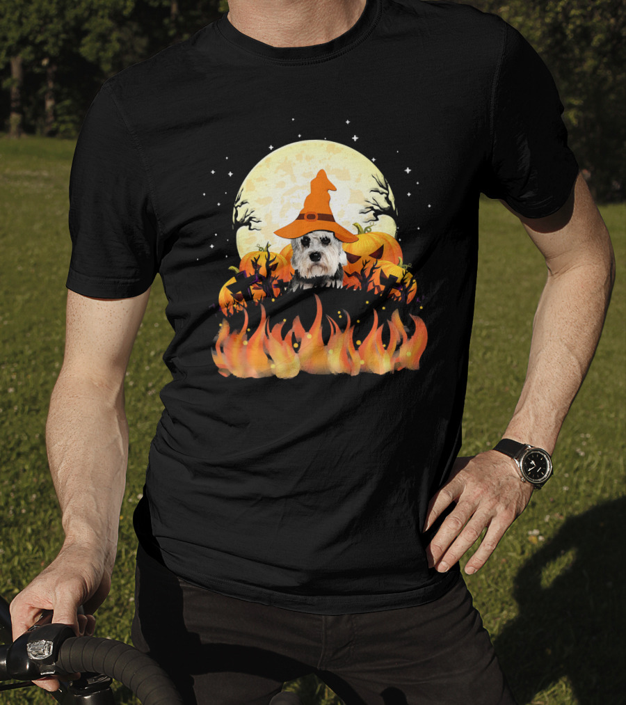 Halloween Dandie Dinmont Terrier Witch Dog Lovers Moon And Pumpkin Scene T-Shirt