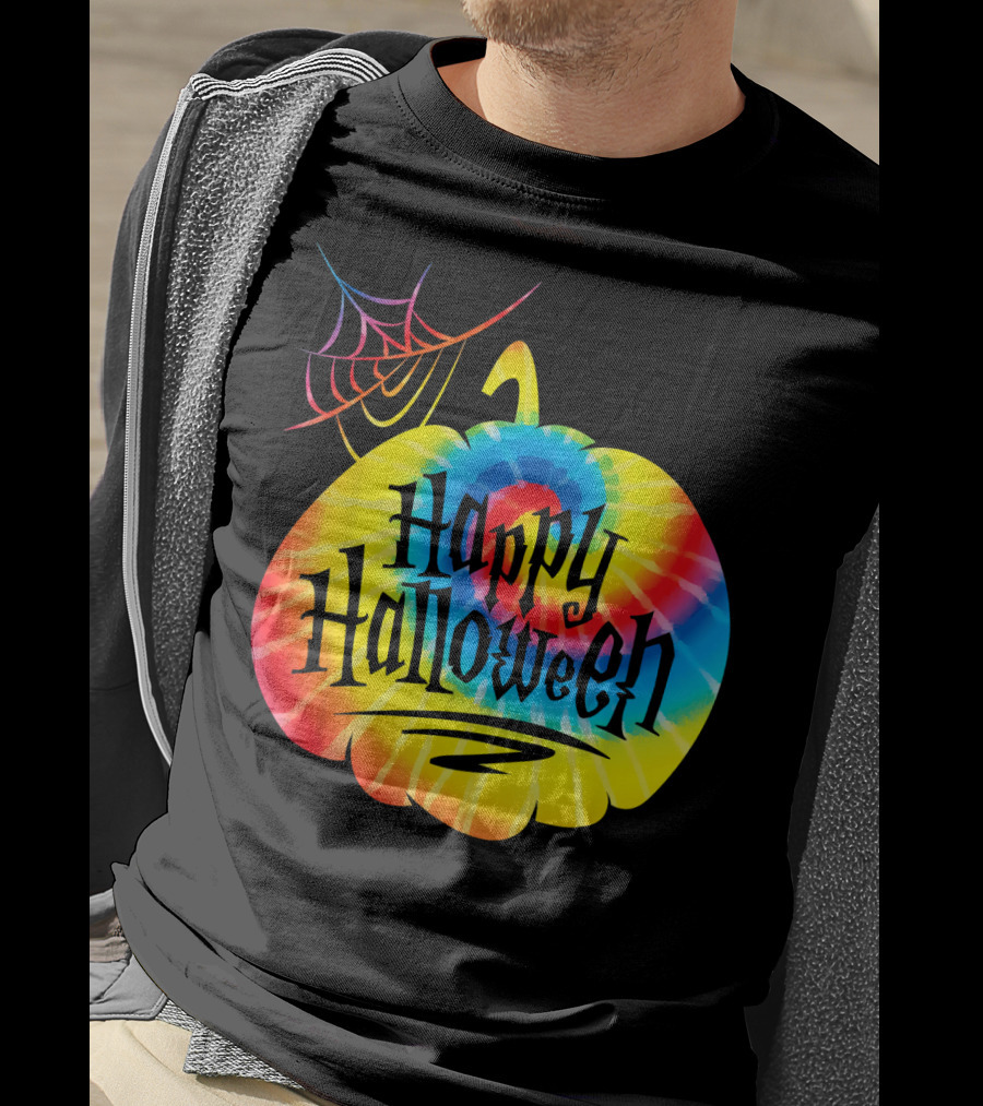 Tie Dye Pumpkin Happy Halloween Spiderweb T-Shirt
