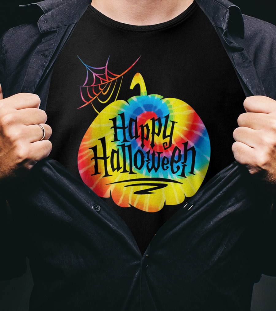 Tie Dye Pumpkin Happy Halloween Spiderweb T-Shirt
