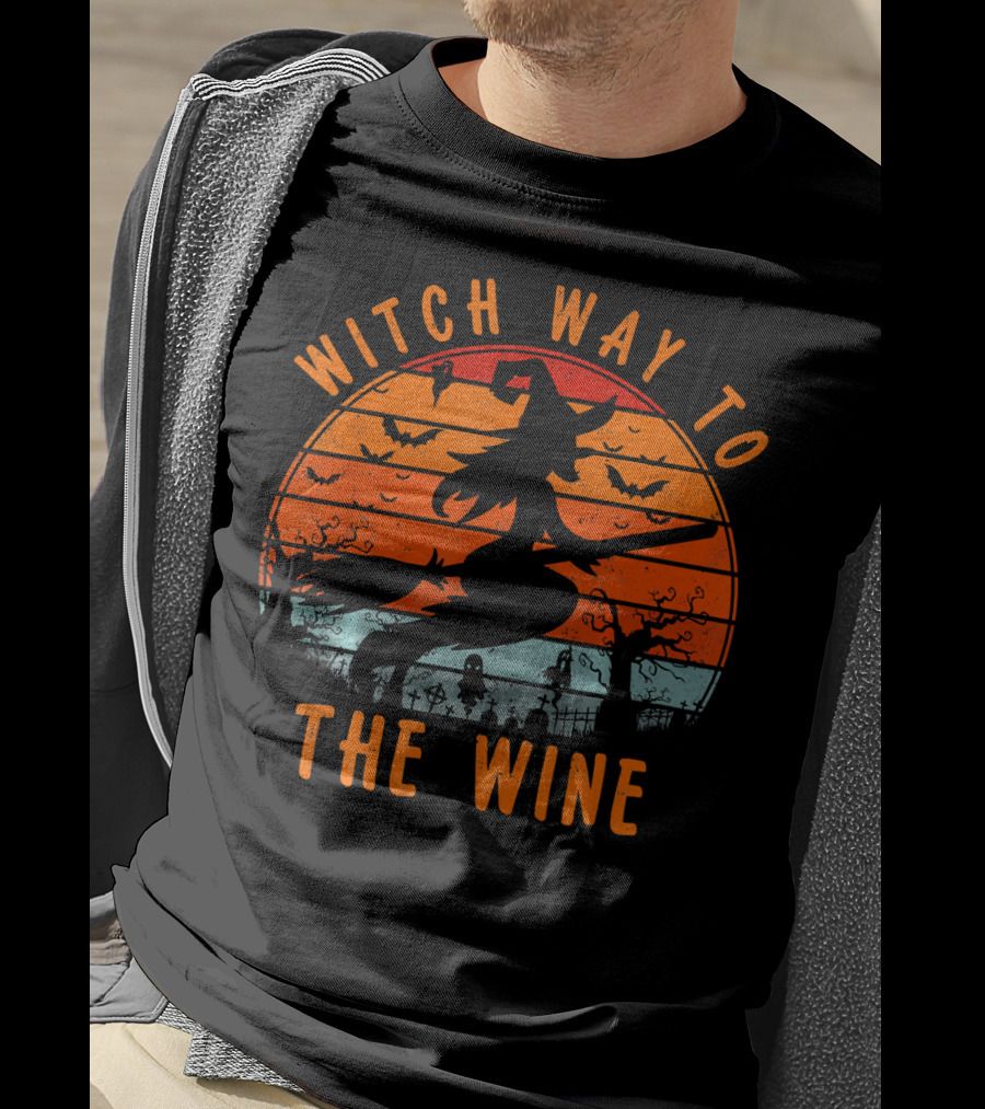 Witch Way To The Wine Halloween Spooky Bats Sunset T-Shirt