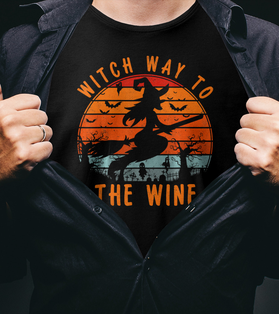 Witch Way To The Wine Halloween Spooky Bats Sunset T-Shirt
