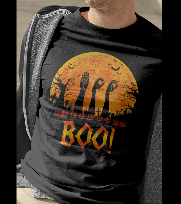 BOO ASL Sign Language With Zombie Hands And Spooky Halloween Moon T-Shirt