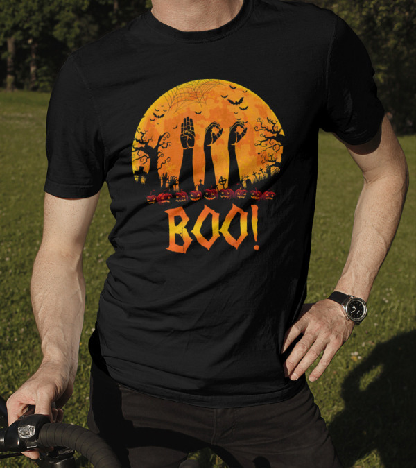 BOO ASL Sign Language With Zombie Hands And Spooky Halloween Moon T-Shirt