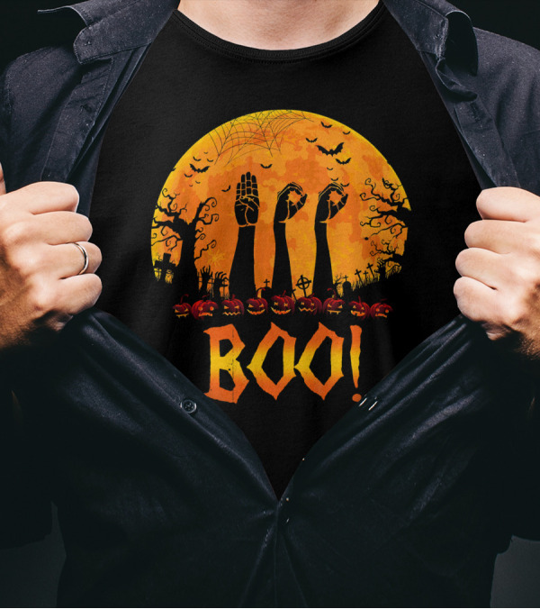 BOO ASL Sign Language With Zombie Hands And Spooky Halloween Moon T-Shirt