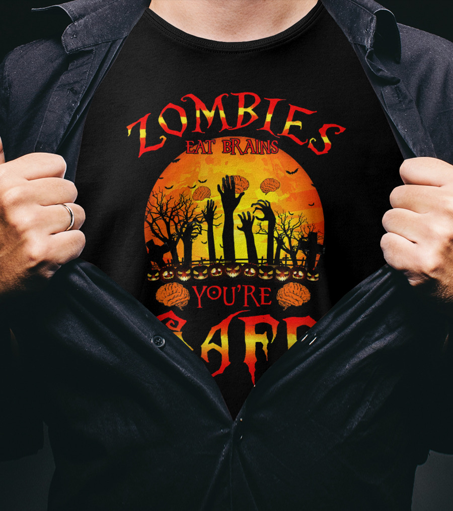 Zombies Eat Brains You're Safe Halloween Rising Hands And Brains Silhouette Sunset T-Shirt