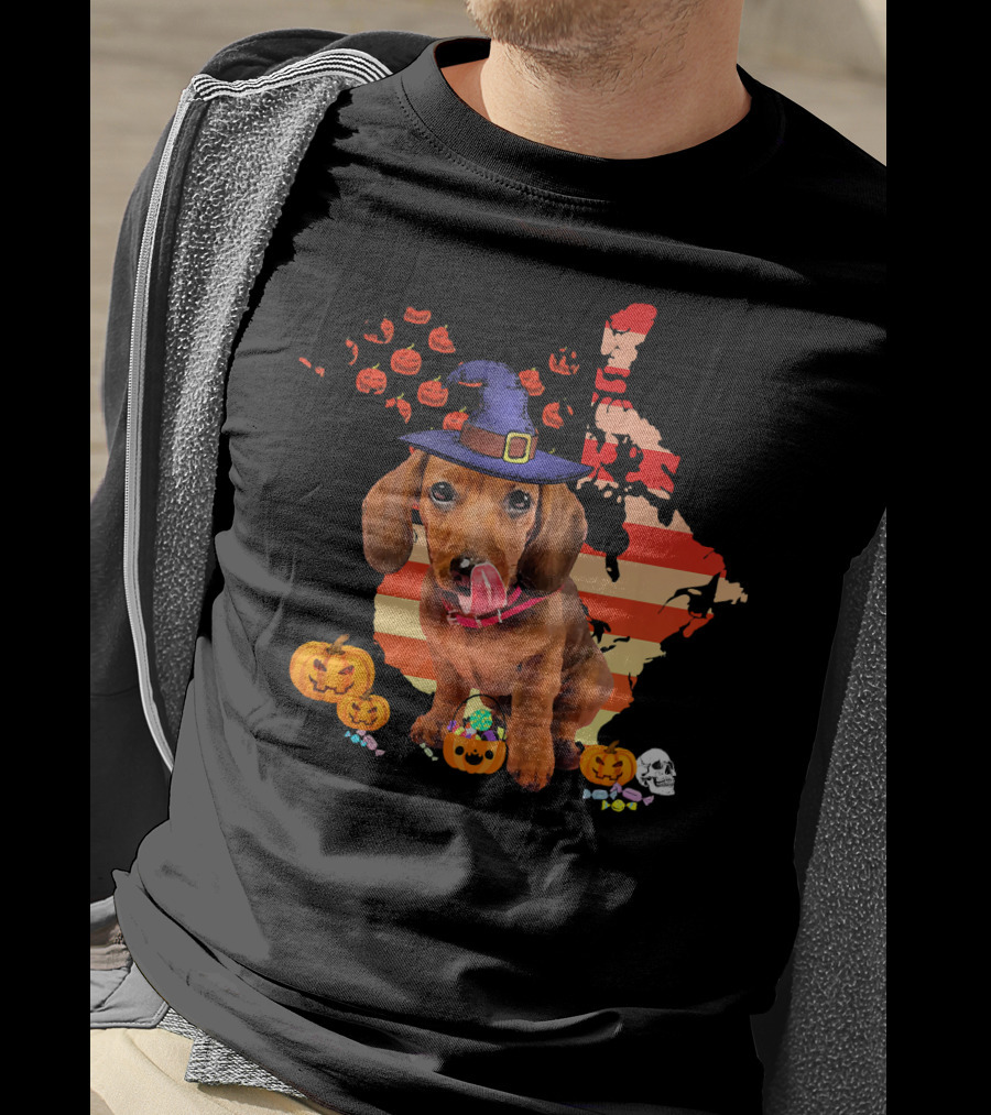 Halloween Witch Hat Daschund Dog With Pumpkin And Candy Canada Map T-Shirt