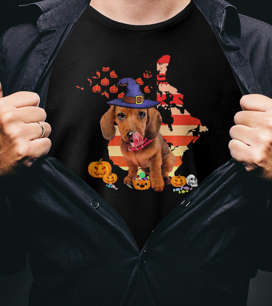 Halloween Witch Hat Daschund Dog With Pumpkin And Candy Canada Map T-Shirt