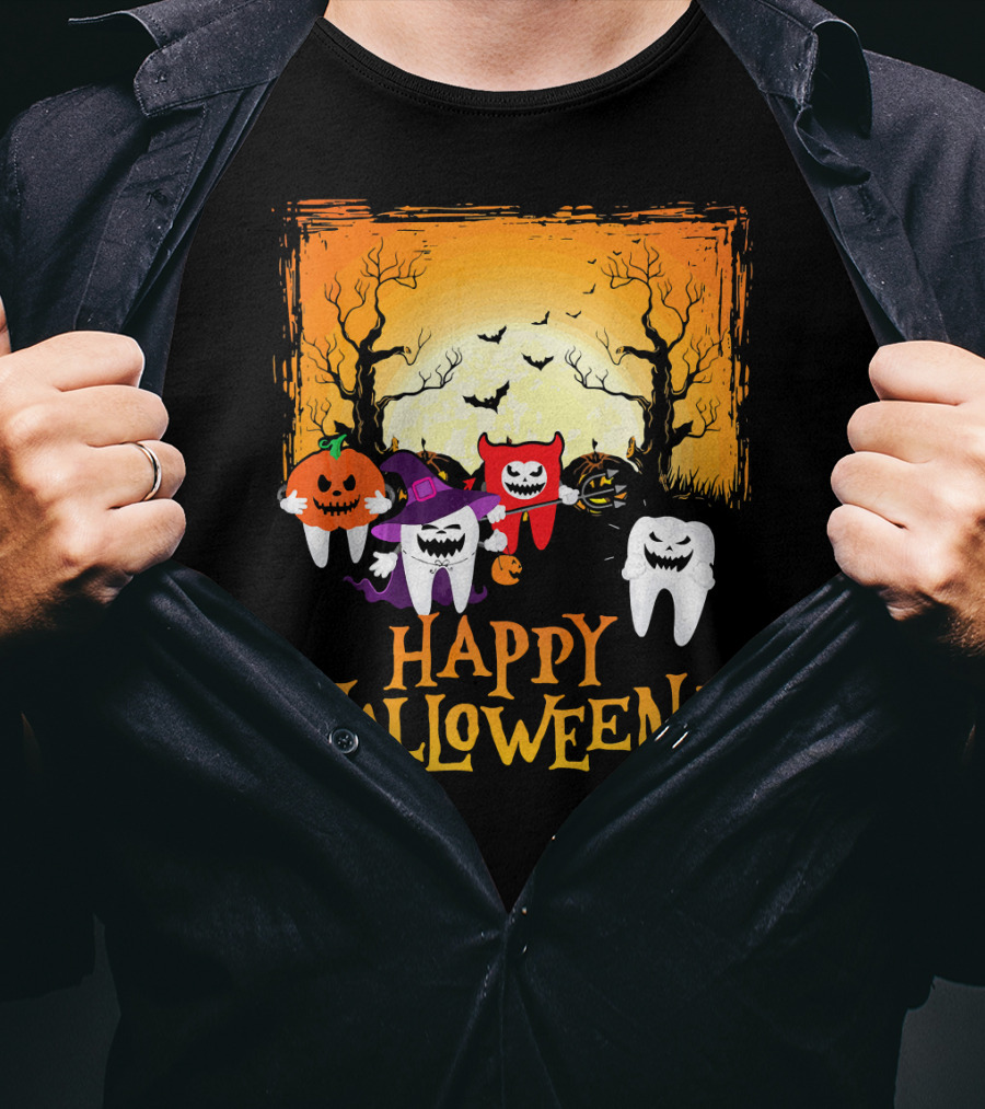 Happy Halloween Funny Teeth And Pumpkins T-Shirt