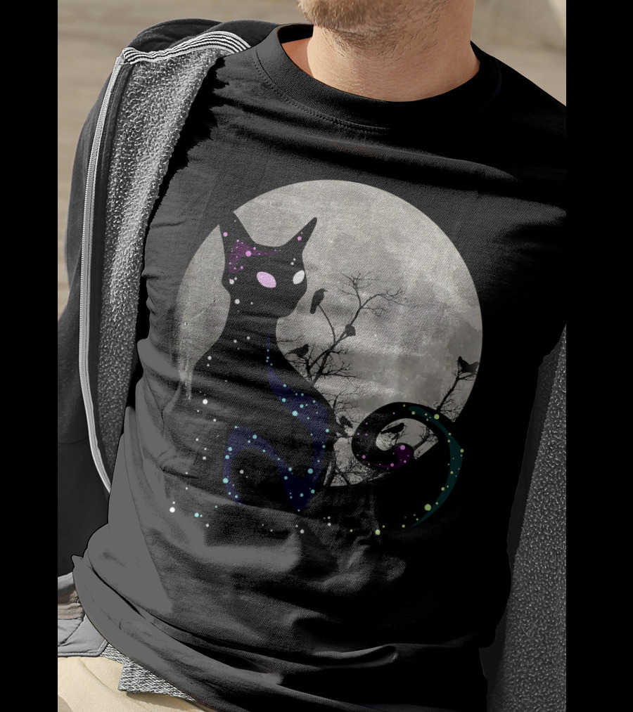 Halloween Cat Scary Black Cat Gothic Full Moon Night Sky T-Shirt