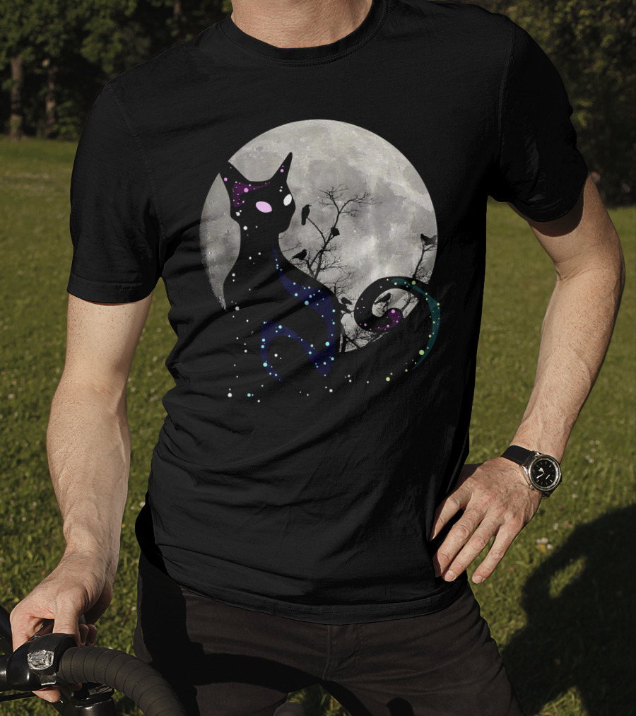 Halloween Cat Scary Black Cat Gothic Full Moon Night Sky T-Shirt