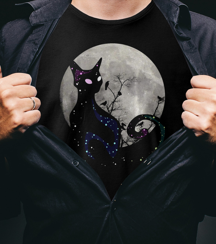 Halloween Cat Scary Black Cat Gothic Full Moon Night Sky T-Shirt