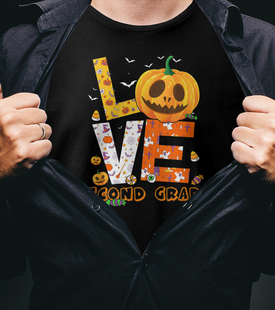 Love Second Grade Funny Halloween Pumpkin Kids T-Shirt