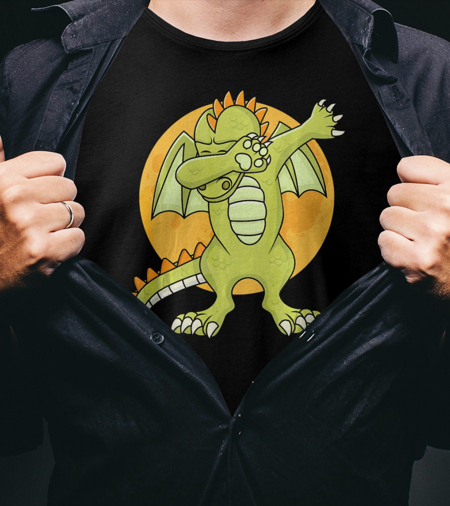 Halloween Dabbing Dragon With Orange Moon Background T-Shirt