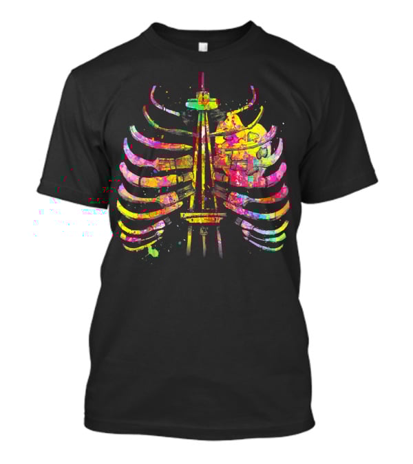 Colorful Seattle Space Needle Skeleton Ribcage Halloween T-Shirt