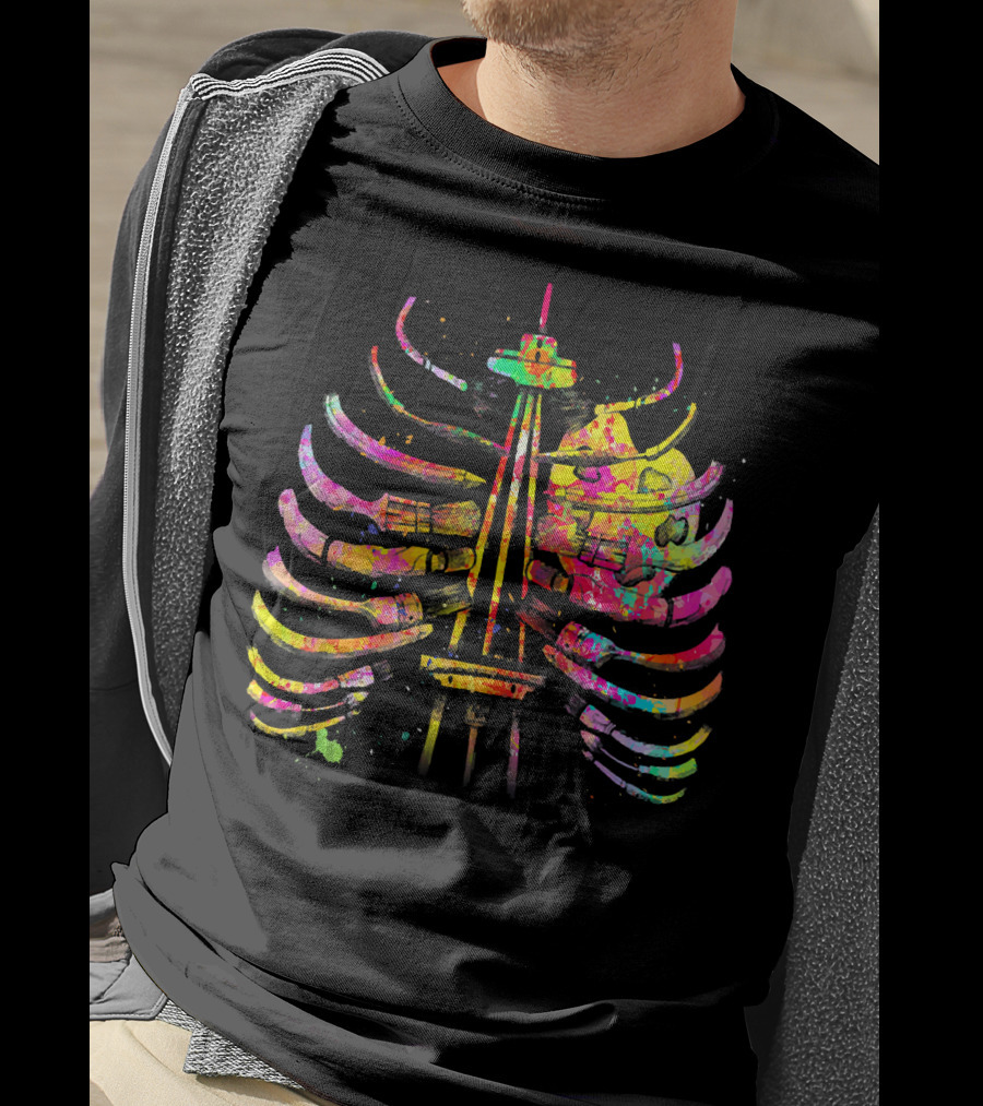 Colorful Seattle Space Needle Skeleton Ribcage Halloween T-Shirt