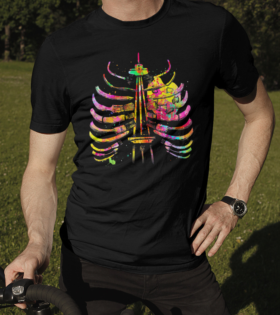 Colorful Seattle Space Needle Skeleton Ribcage Halloween T-Shirt