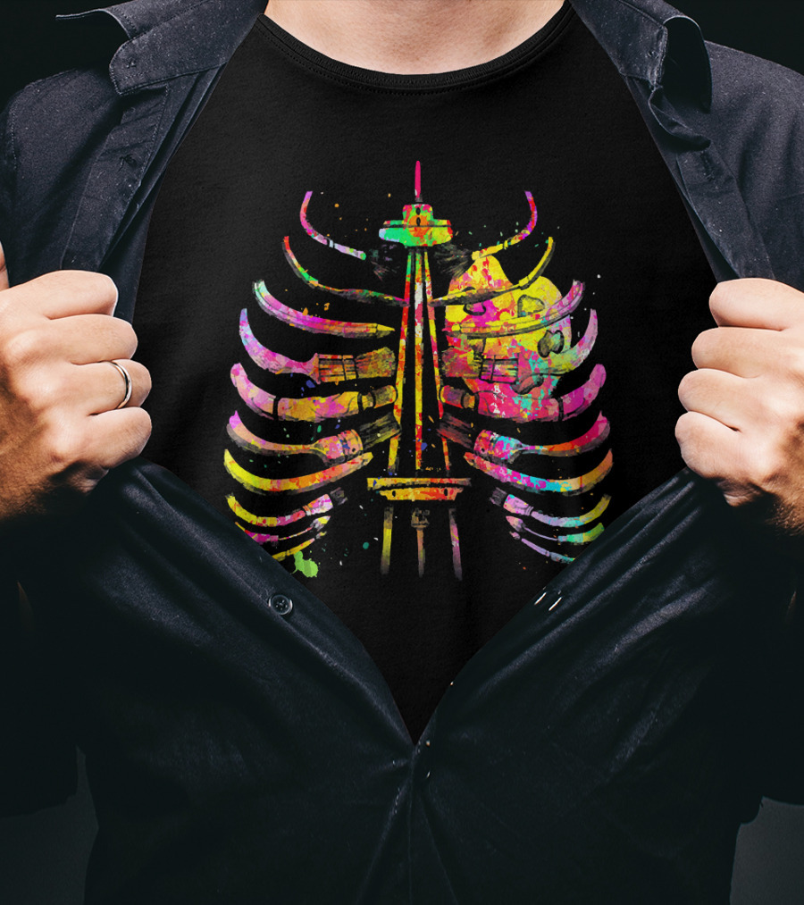 Colorful Seattle Space Needle Skeleton Ribcage Halloween T-Shirt