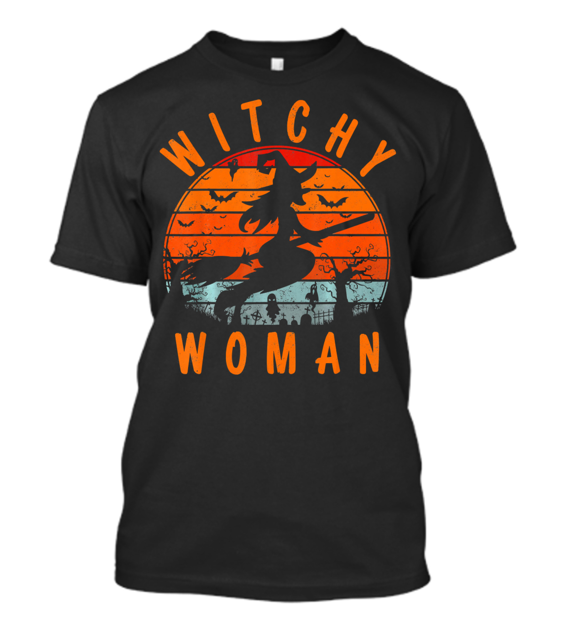 Witchy Woman Flying On Broomstick With Spooky Halloween Sunset Background T-Shirt