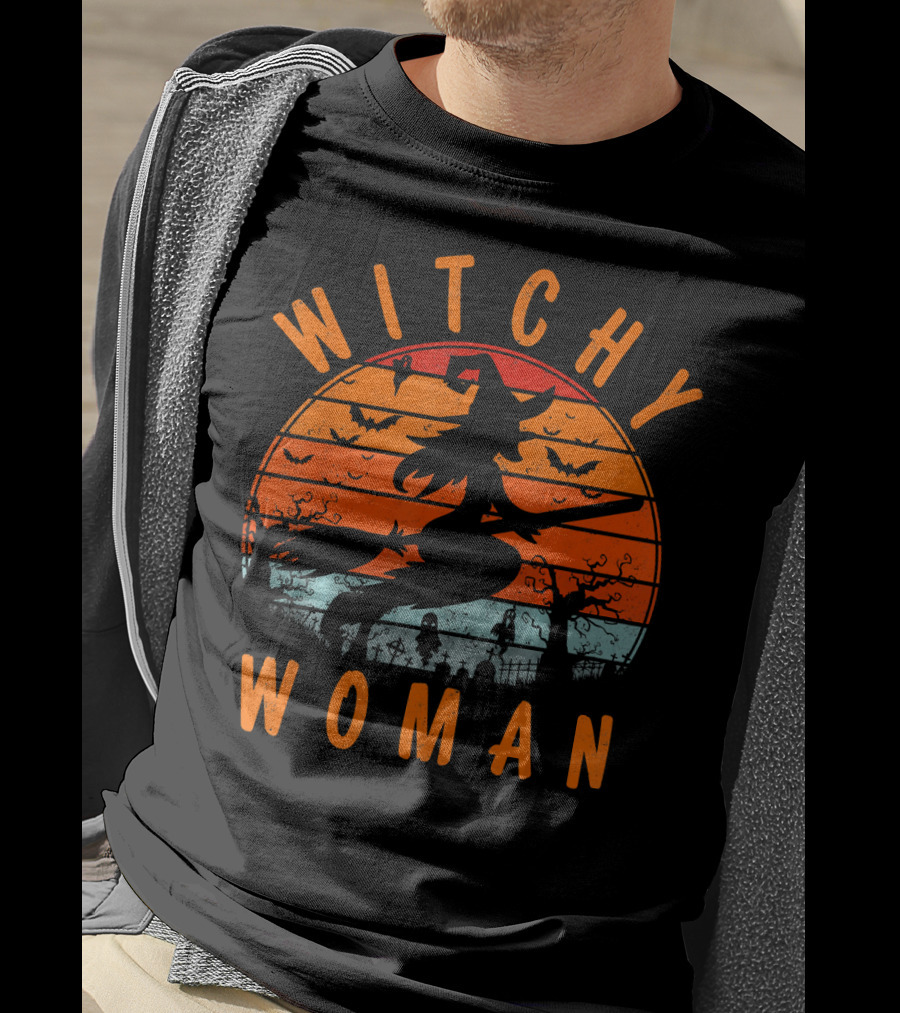 Witchy Woman Flying On Broomstick With Spooky Halloween Sunset Background T-Shirt