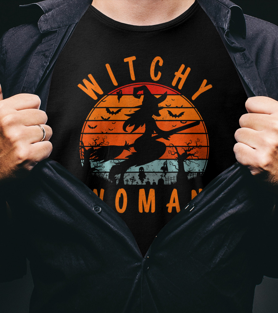 Witchy Woman Flying On Broomstick With Spooky Halloween Sunset Background T-Shirt