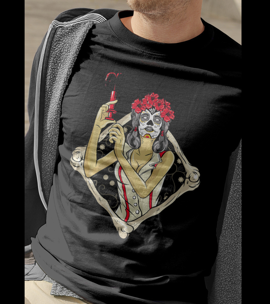 Halloween Nurse Day Of The Dead Dia De Los Muertos Skeleton Syringe Flower Crown T-Shirt