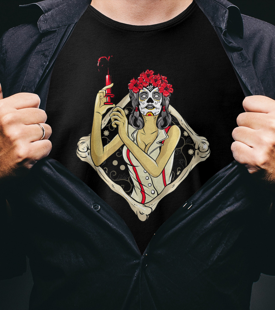 Halloween Nurse Day Of The Dead Dia De Los Muertos Skeleton Syringe Flower Crown T-Shirt