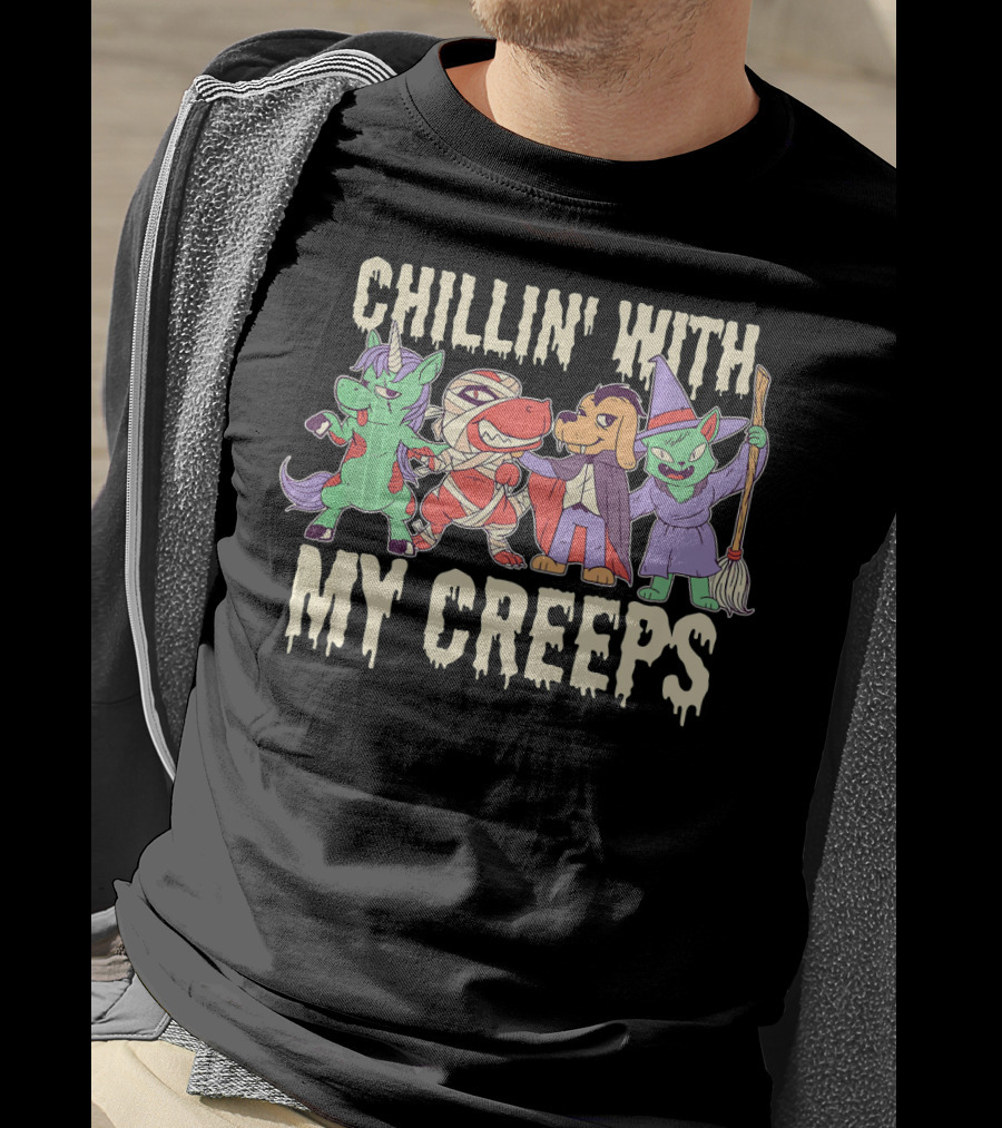 CHILLIN' WITH MY CREEPS Funny Animals Halloween T-Shirt