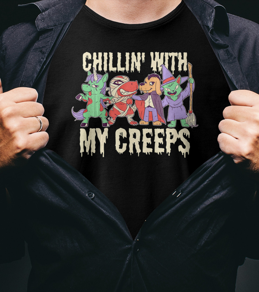 CHILLIN' WITH MY CREEPS Funny Animals Halloween T-Shirt