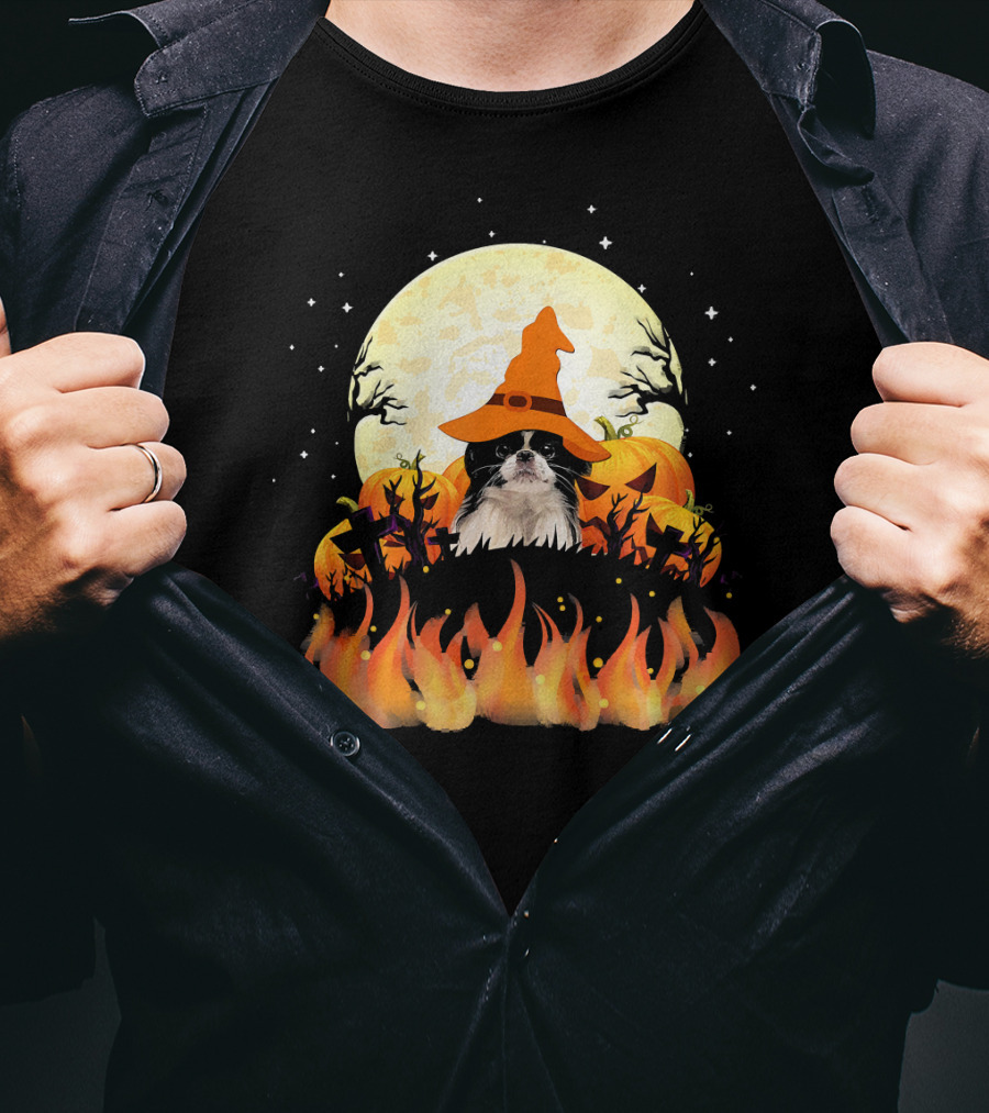 Japanese Chin Dog Lovers Halloween Pumpkin Witch Hat Full Moon Fire Magic T-Shirt