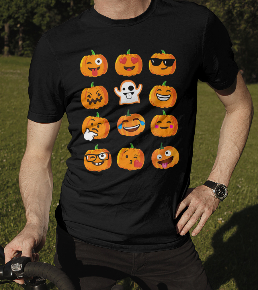 Emoji Faces Pumpkins And Ghost Halloween T-Shirt
