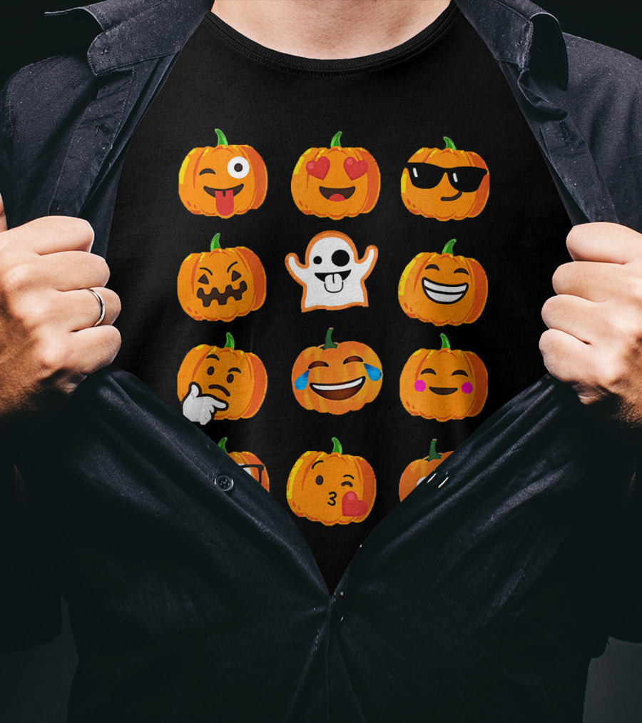 Emoji Faces Pumpkins And Ghost Halloween T-Shirt
