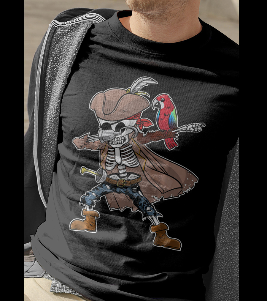 Skeleton Pirate Dabbing With Parrot And Sword T-Shirt