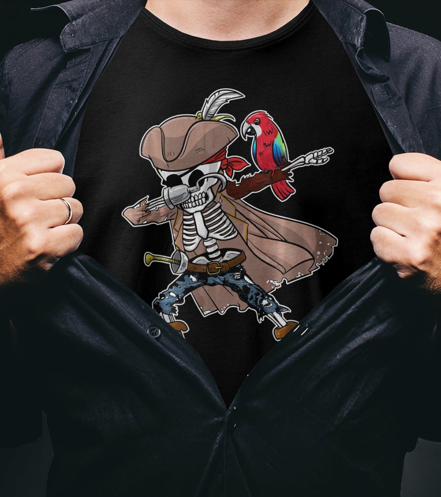 Skeleton Pirate Dabbing With Parrot And Sword T-Shirt