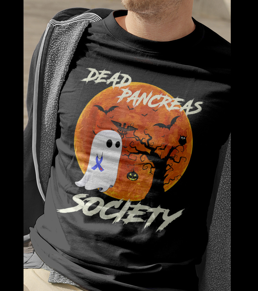 Dead Pancreas Society Ghost Halloween Moon Bats Pumpkin T-Shirt