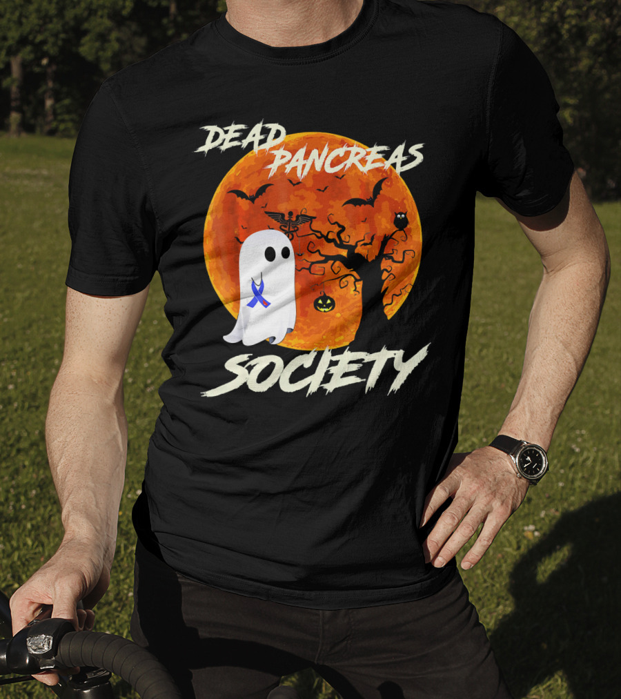 Dead Pancreas Society Ghost Halloween Moon Bats Pumpkin T-Shirt