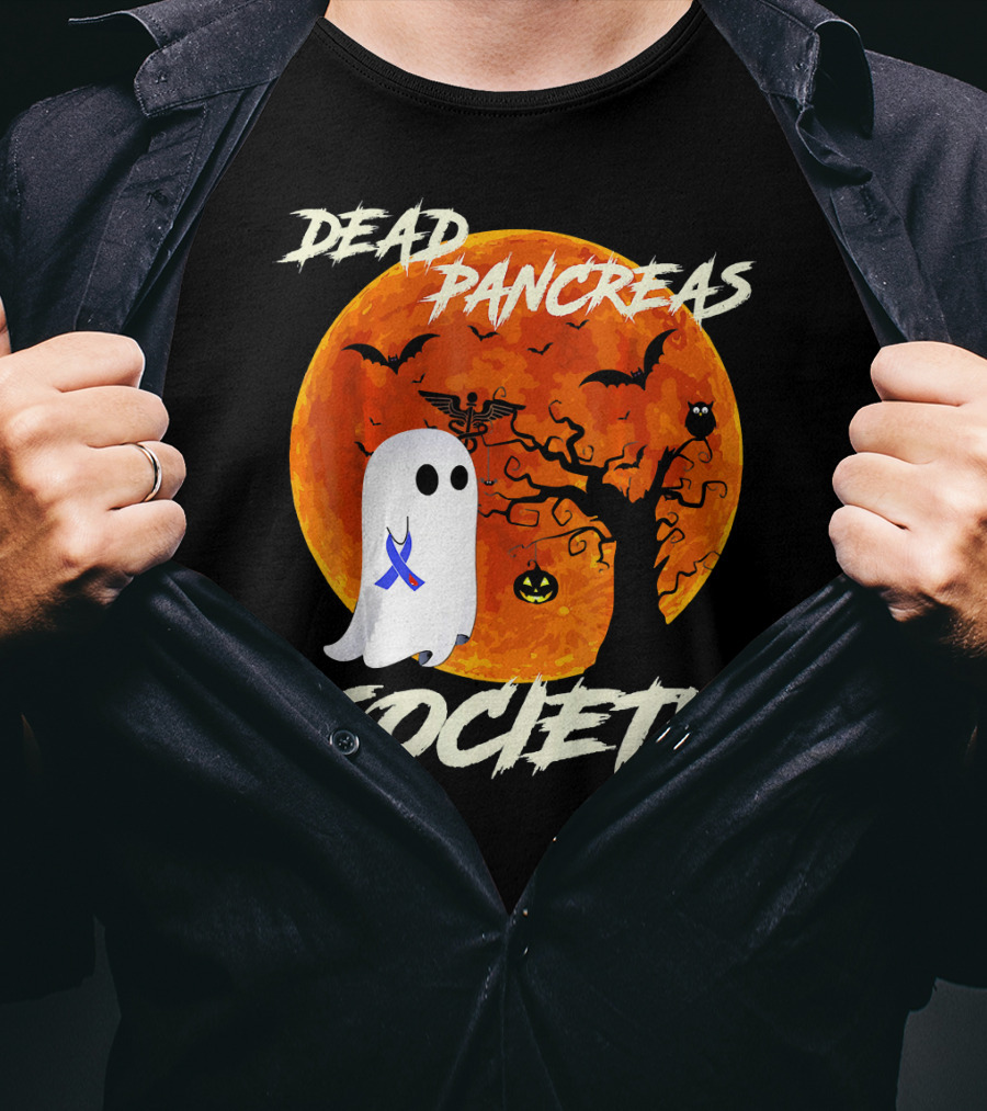Dead Pancreas Society Ghost Halloween Moon Bats Pumpkin T-Shirt