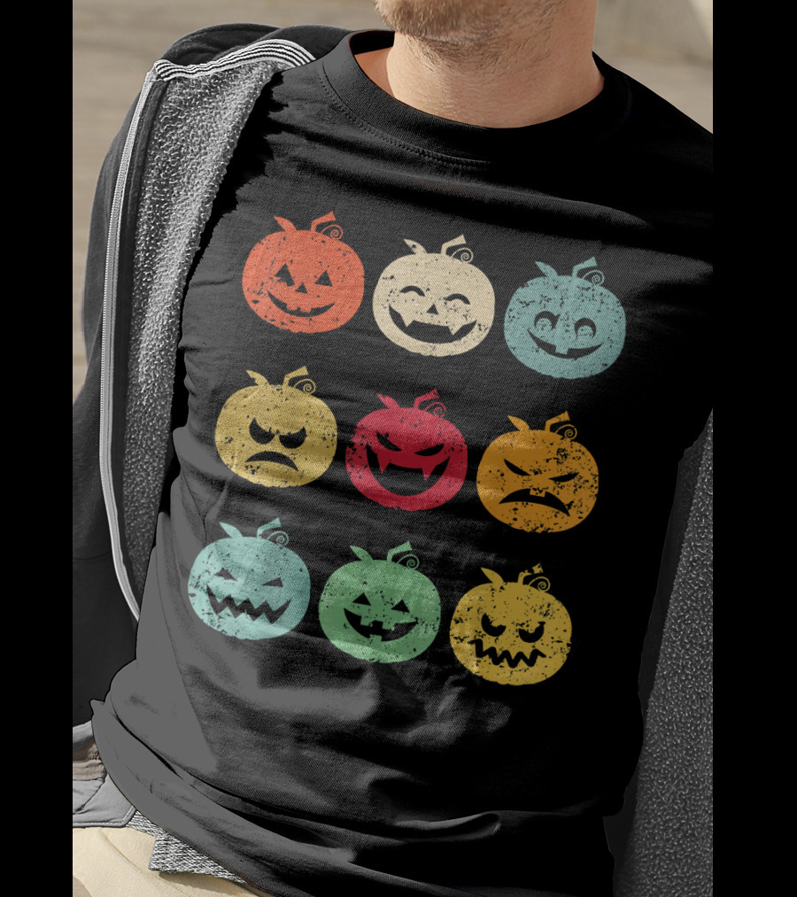 Vintage Pumpkin Emoji Halloween Faces In Nine Colorful Expressions T-Shirt